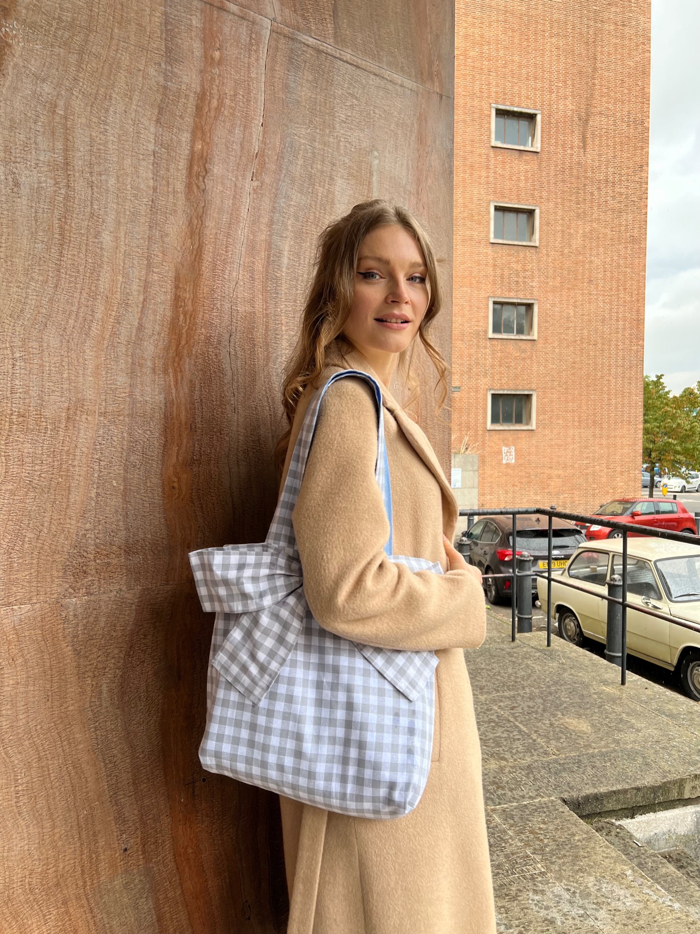 【ADANOLA】Gingham Reversible Tote Bag Blue-grey reversible tote bag